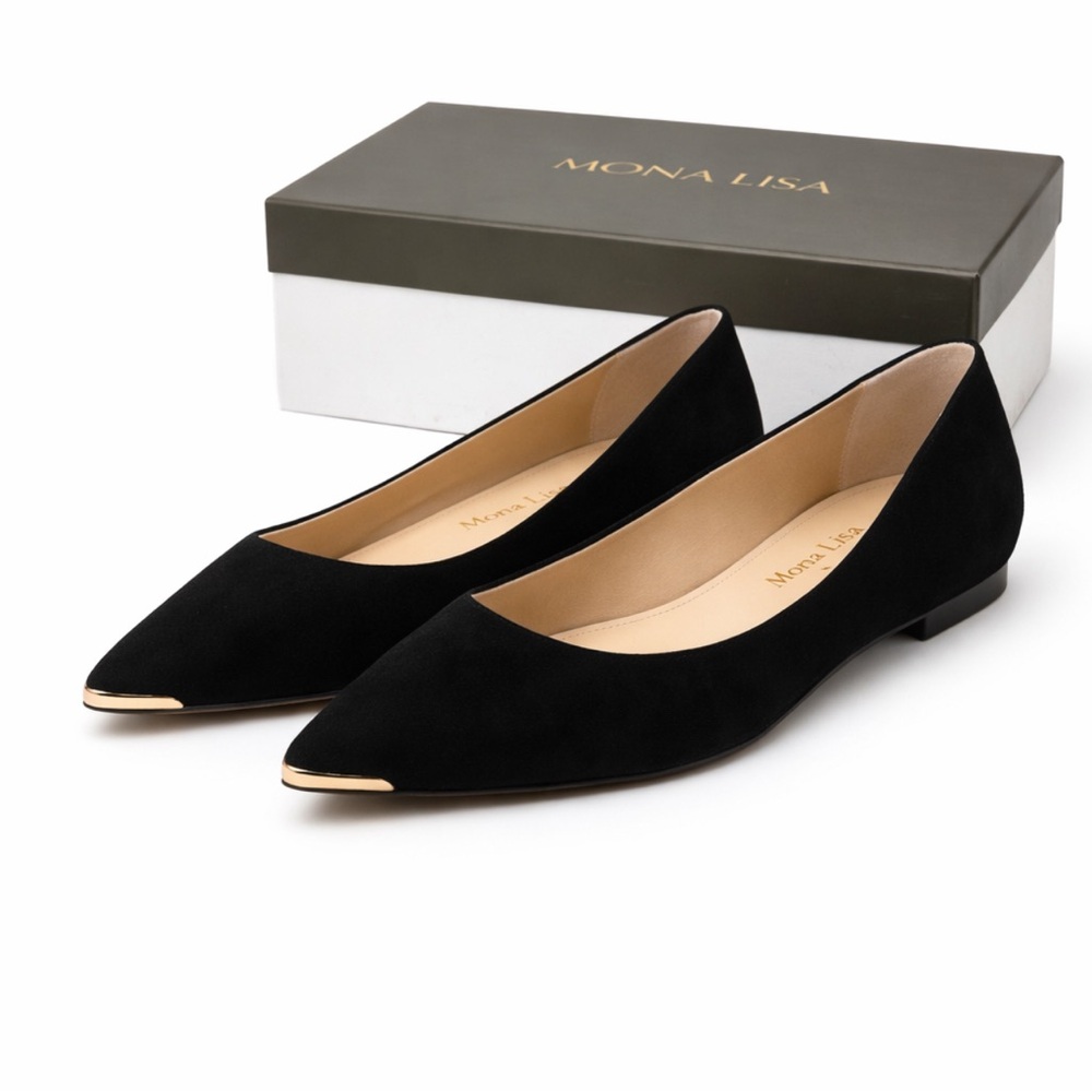 MONA LISA Black Suede Pointed Flats with Shimmer Trim size 9 Size 40